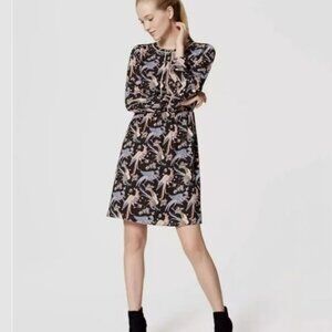 LOFT Pink & Blue Bird Floral Pattern on Black Long Sleeve Dress Size 10